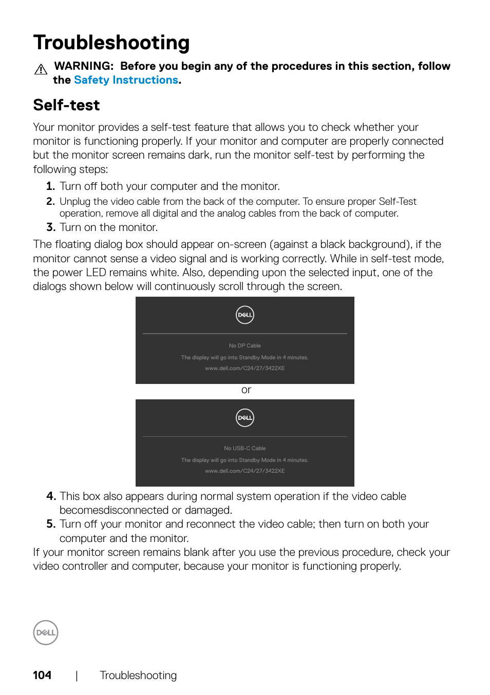 Troubleshooting, Self-test | Dell C2722DE 27" 16:9 IPS Video Conferencing Monitor User Manual | Page 104 / 114