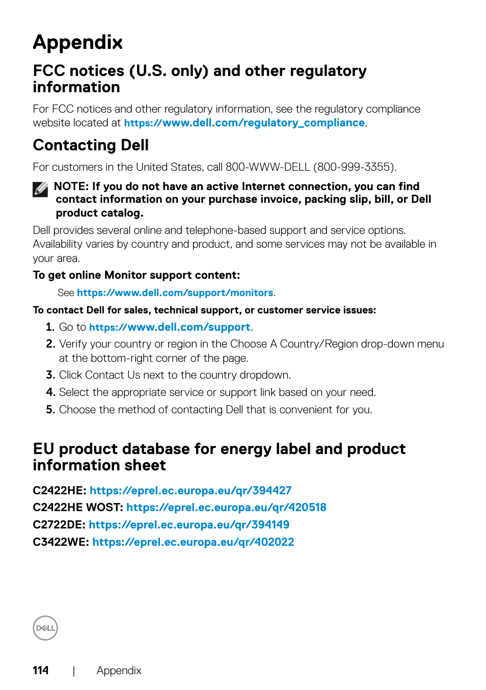 Appendix, Contacting dell, Sheet | Dell C2722DE 27" 16:9 IPS Video Conferencing Monitor User Manual | Page 114 / 114