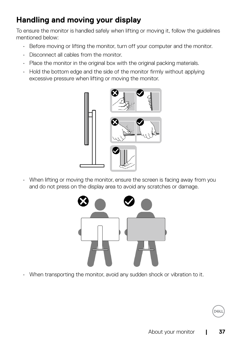 Handling and moving your display | Dell C2722DE 27" 16:9 IPS Video Conferencing Monitor User Manual | Page 37 / 114