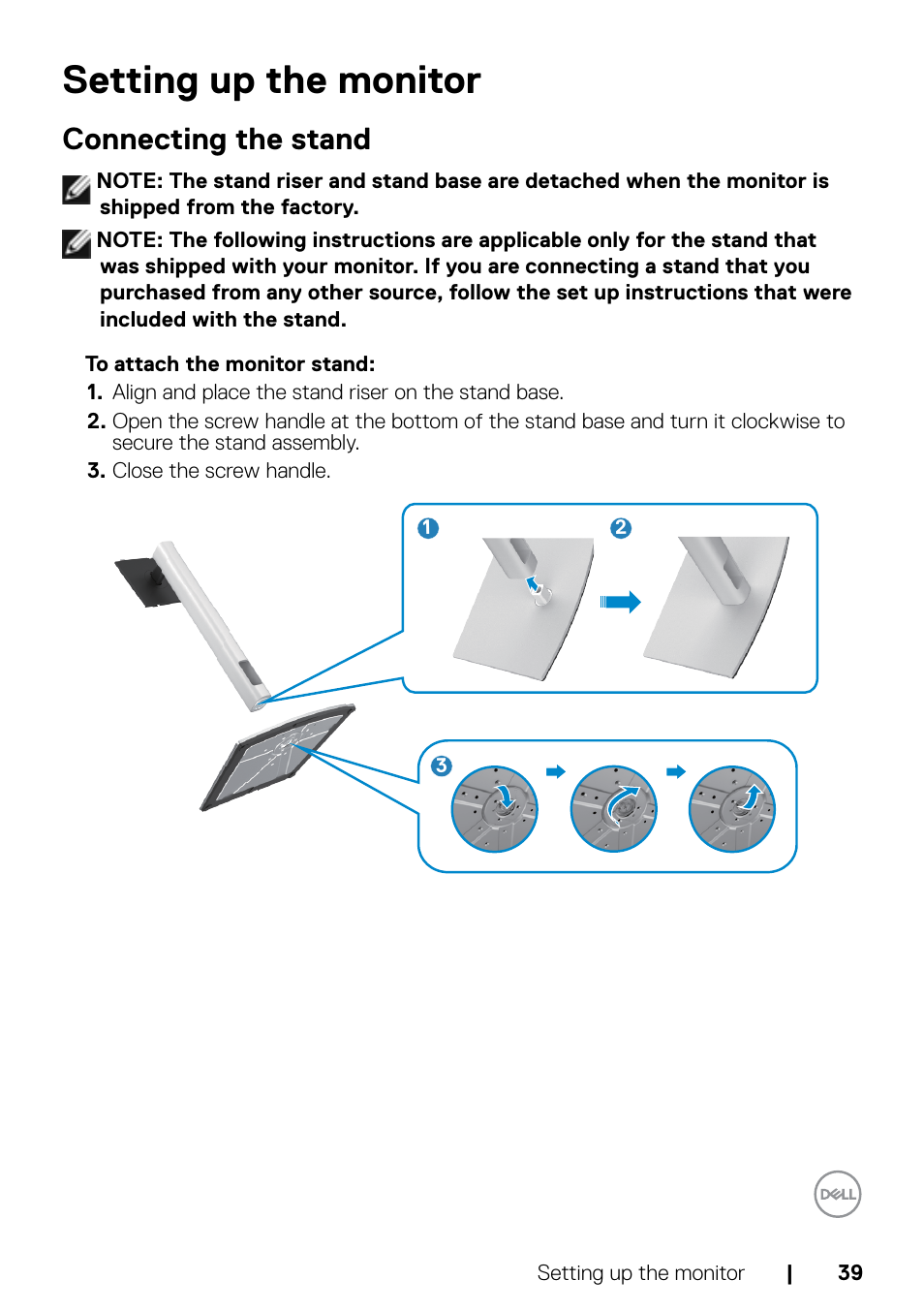 Setting up the monitor, Connecting the stand | Dell C2722DE 27" 16:9 IPS Video Conferencing Monitor User Manual | Page 39 / 114