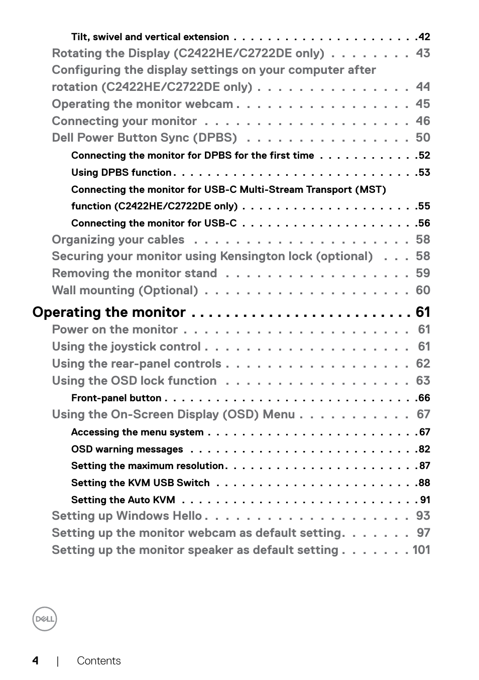 Operating the monitor | Dell C2722DE 27" 16:9 IPS Video Conferencing Monitor User Manual | Page 4 / 114