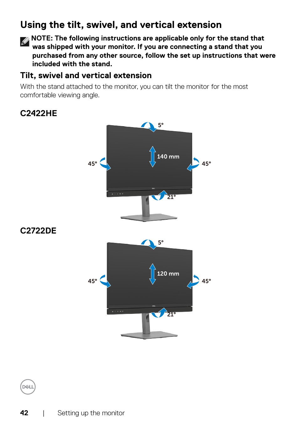 Using the tilt, swivel, and vertical extension, Tilt, swivel and vertical extension, C2422he | C2722de | Dell C2722DE 27" 16:9 IPS Video Conferencing Monitor User Manual | Page 42 / 114
