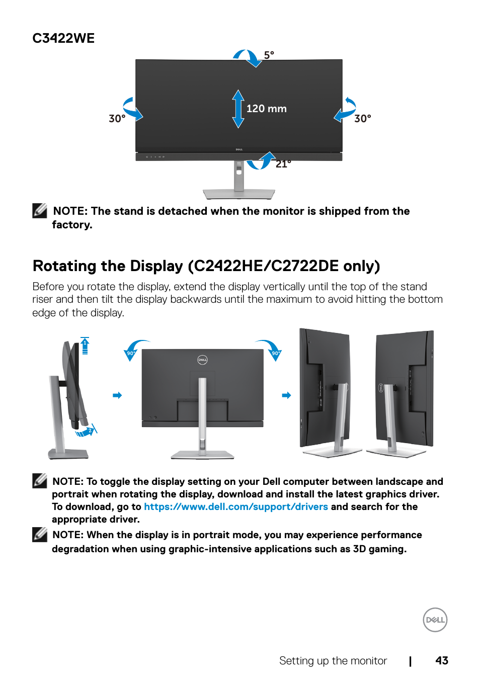 Rotating the display (c2422he/c2722de only), C3422we | Dell C2722DE 27" 16:9 IPS Video Conferencing Monitor User Manual | Page 43 / 114