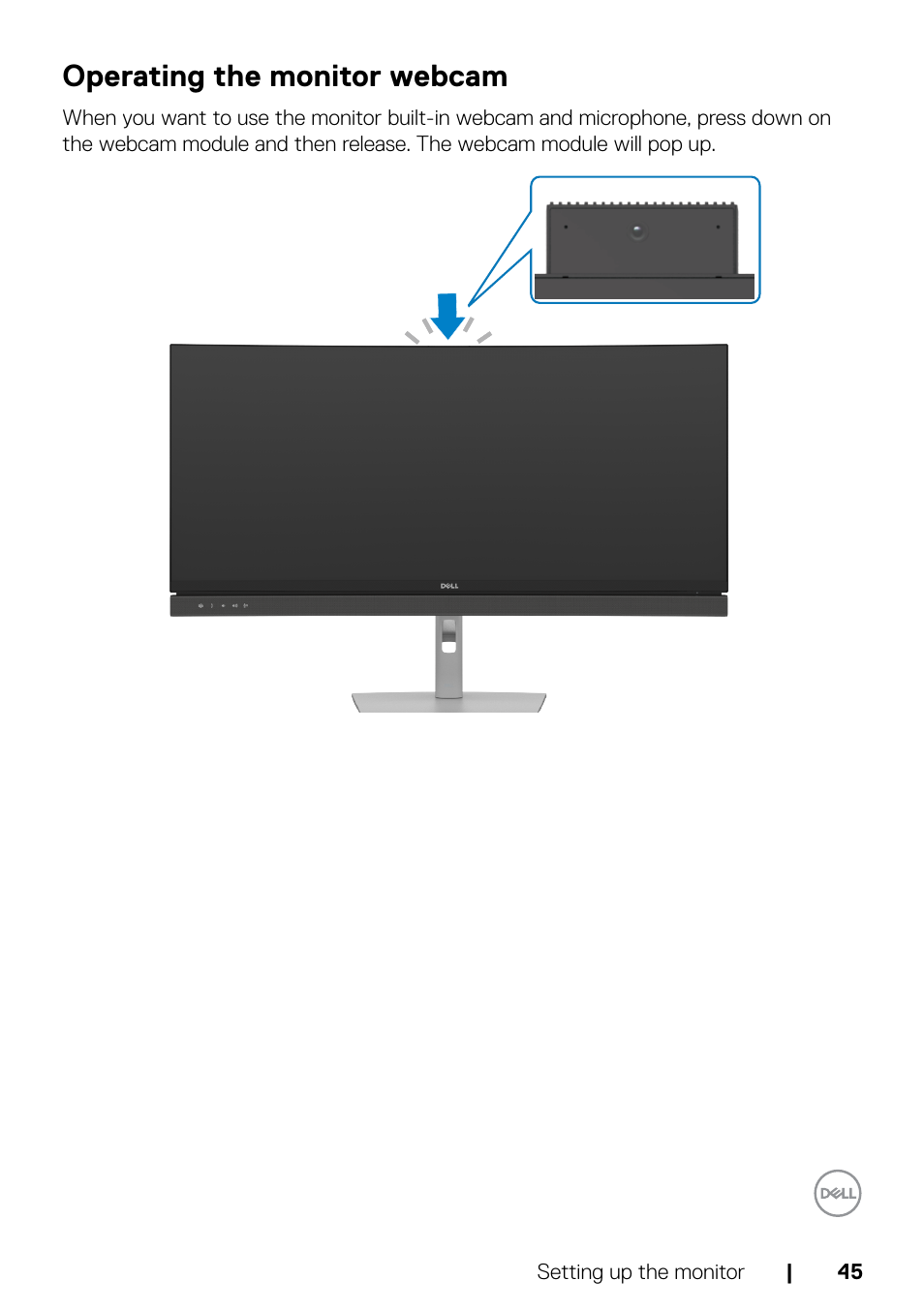Operating the monitor webcam | Dell C2722DE 27" 16:9 IPS Video Conferencing Monitor User Manual | Page 45 / 114