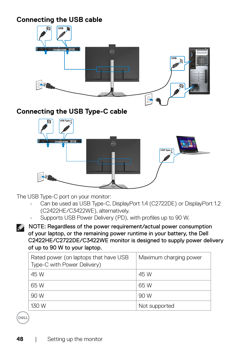 Connecting the usb cable, Connecting the usb type-c cable | Dell C2722DE 27" 16:9 IPS Video Conferencing Monitor User Manual | Page 48 / 114