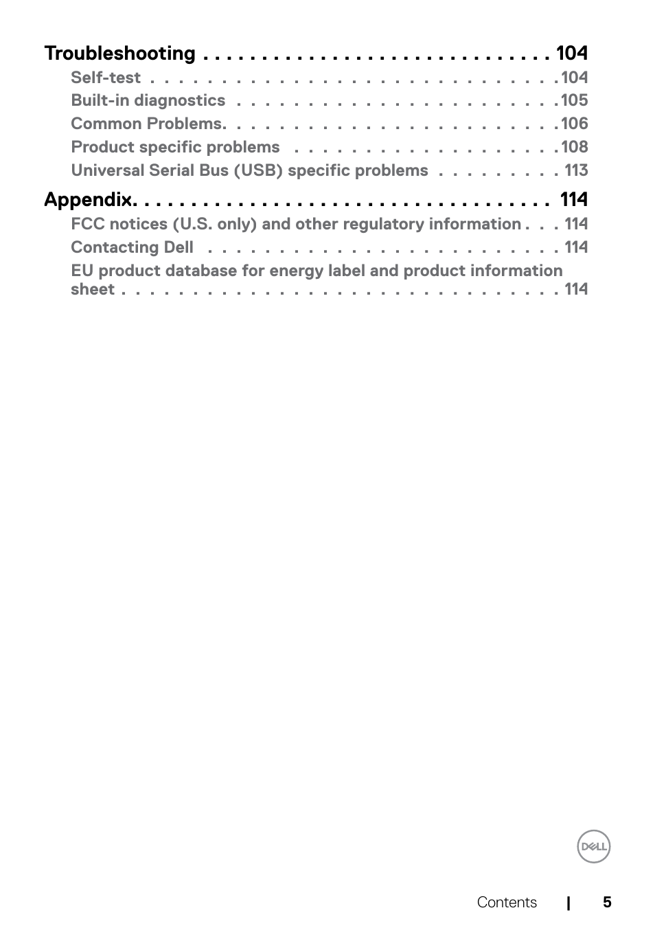 Troubleshooting, Appendix | Dell C2722DE 27" 16:9 IPS Video Conferencing Monitor User Manual | Page 5 / 114