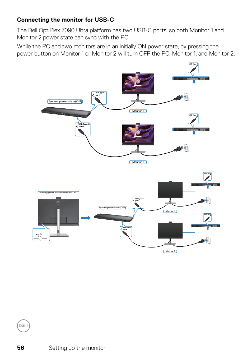 Connecting the monitor for usb-c | Dell C2722DE 27" 16:9 IPS Video Conferencing Monitor User Manual | Page 56 / 114