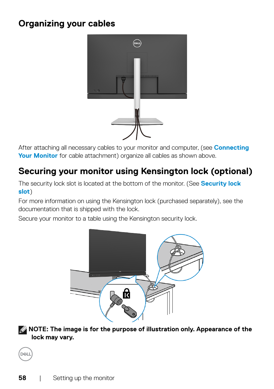 Organizing your cables | Dell C2722DE 27" 16:9 IPS Video Conferencing Monitor User Manual | Page 58 / 114