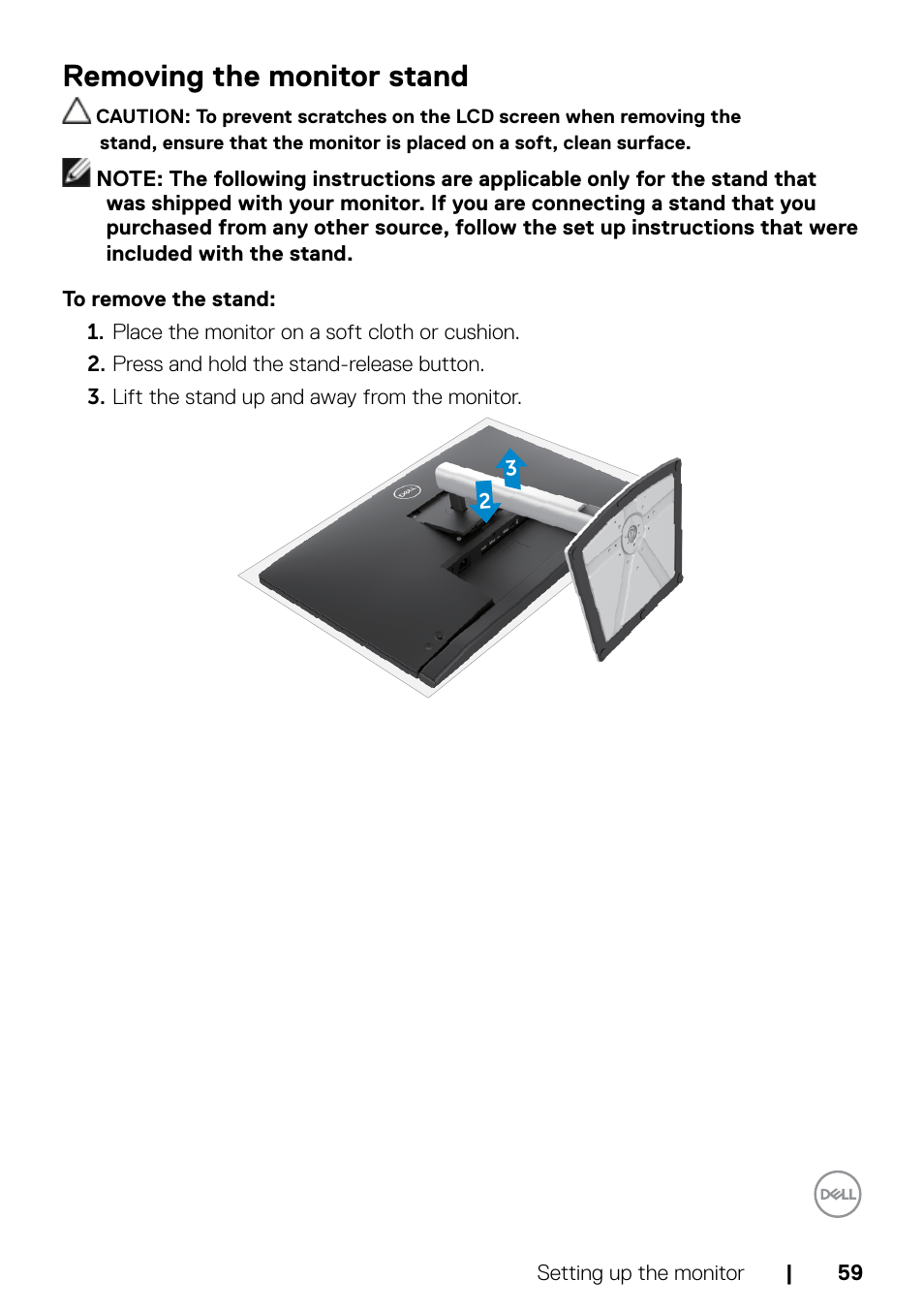 Removing the monitor stand | Dell C2722DE 27" 16:9 IPS Video Conferencing Monitor User Manual | Page 59 / 114