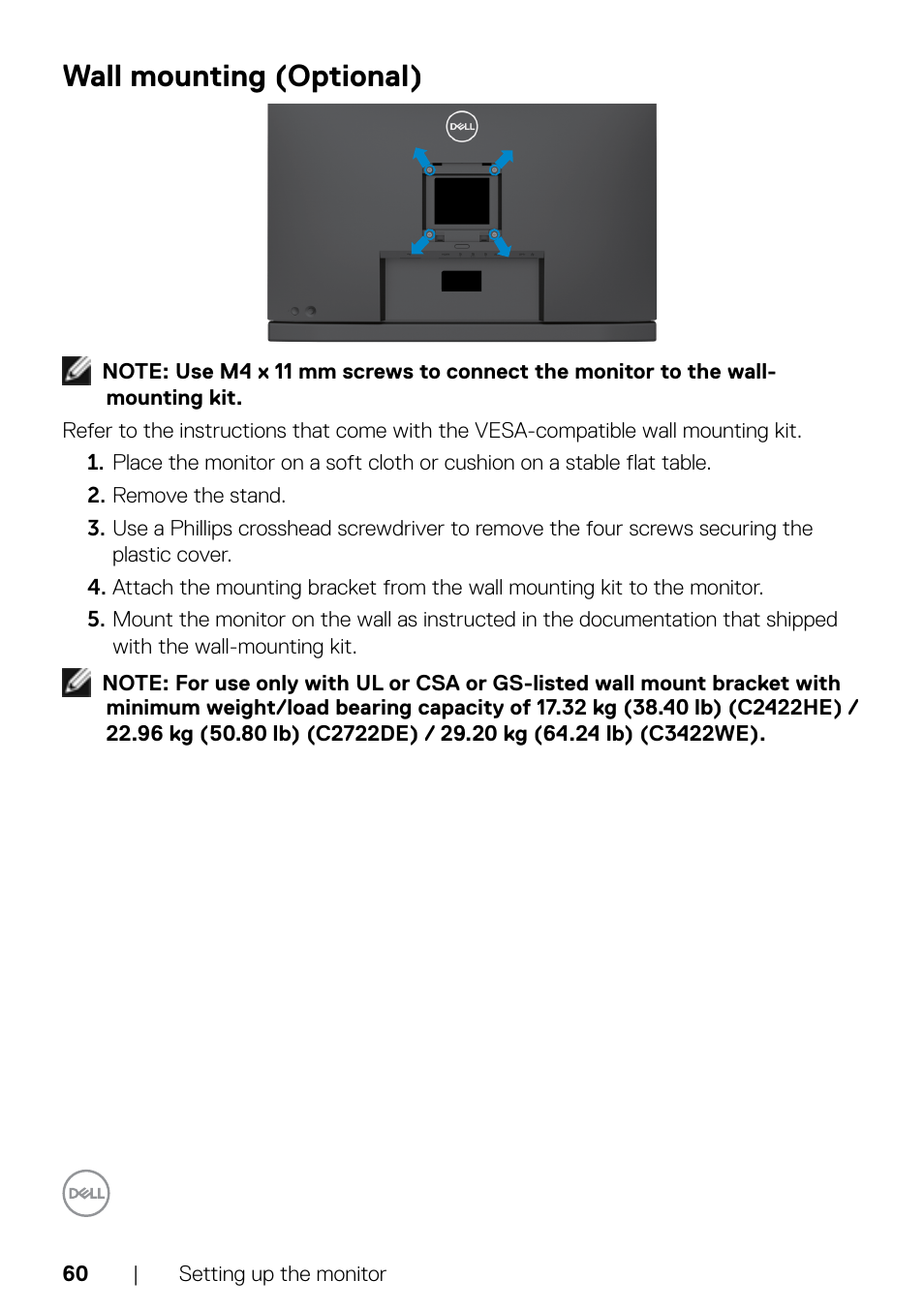 Wall mounting (optional) | Dell C2722DE 27" 16:9 IPS Video Conferencing Monitor User Manual | Page 60 / 114