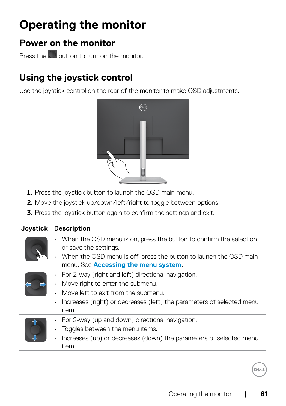 Operating the monitor, Power on the monitor, Using the joystick control | Power on the monitor using the joystick control | Dell C2722DE 27" 16:9 IPS Video Conferencing Monitor User Manual | Page 61 / 114