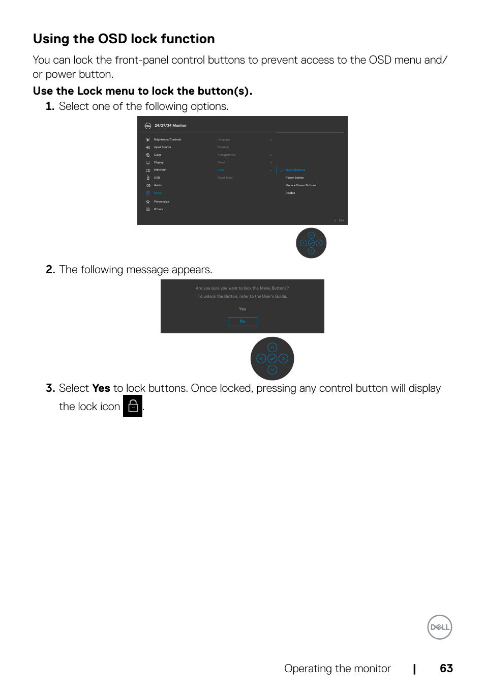 Using the osd lock function, Operating the monitor | 63, The following message appears | Dell C2722DE 27" 16:9 IPS Video Conferencing Monitor User Manual | Page 63 / 114