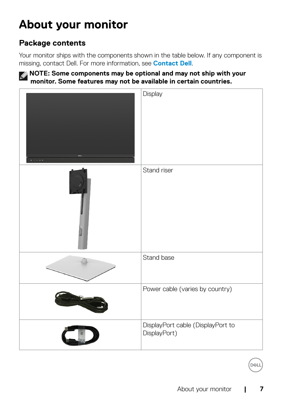 About your monitor, Package contents | Dell C2722DE 27" 16:9 IPS Video Conferencing Monitor User Manual | Page 7 / 114