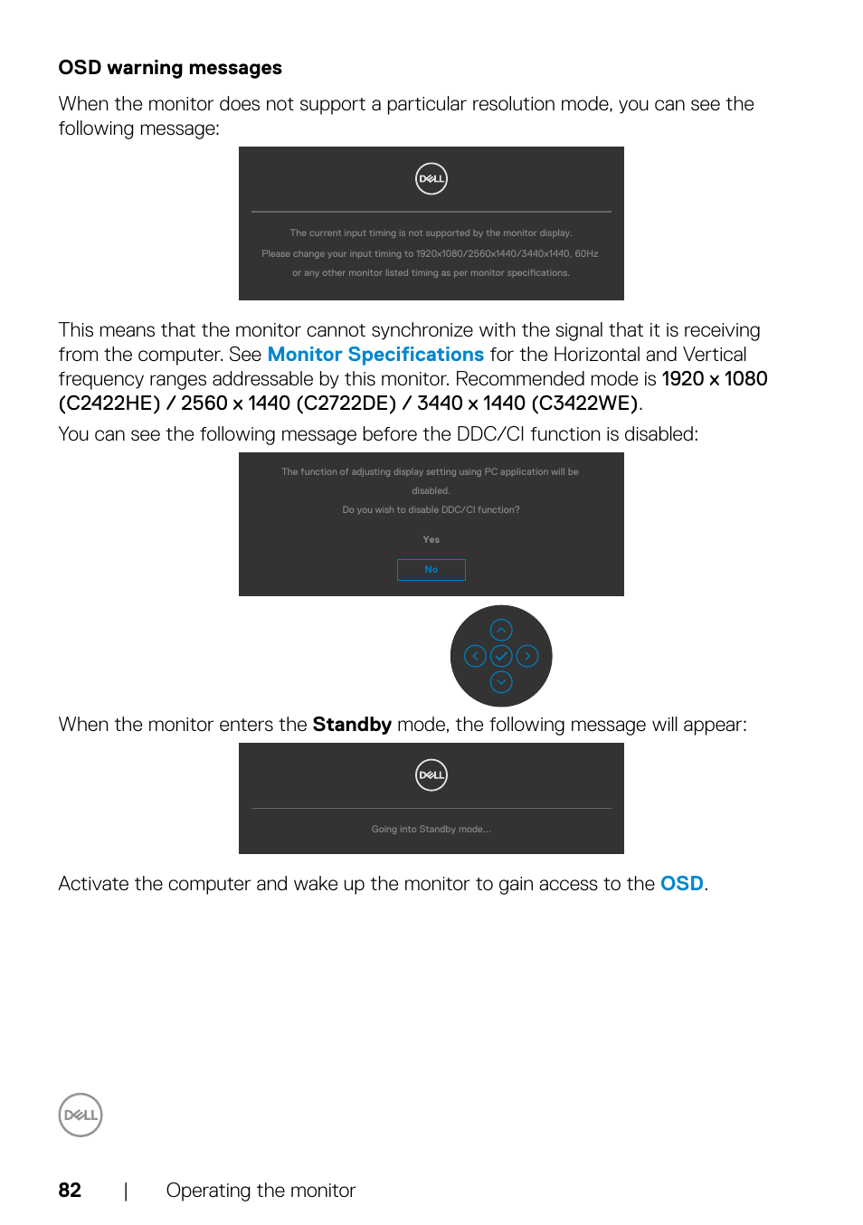 Osd warning messages | Dell C2722DE 27" 16:9 IPS Video Conferencing Monitor User Manual | Page 82 / 114
