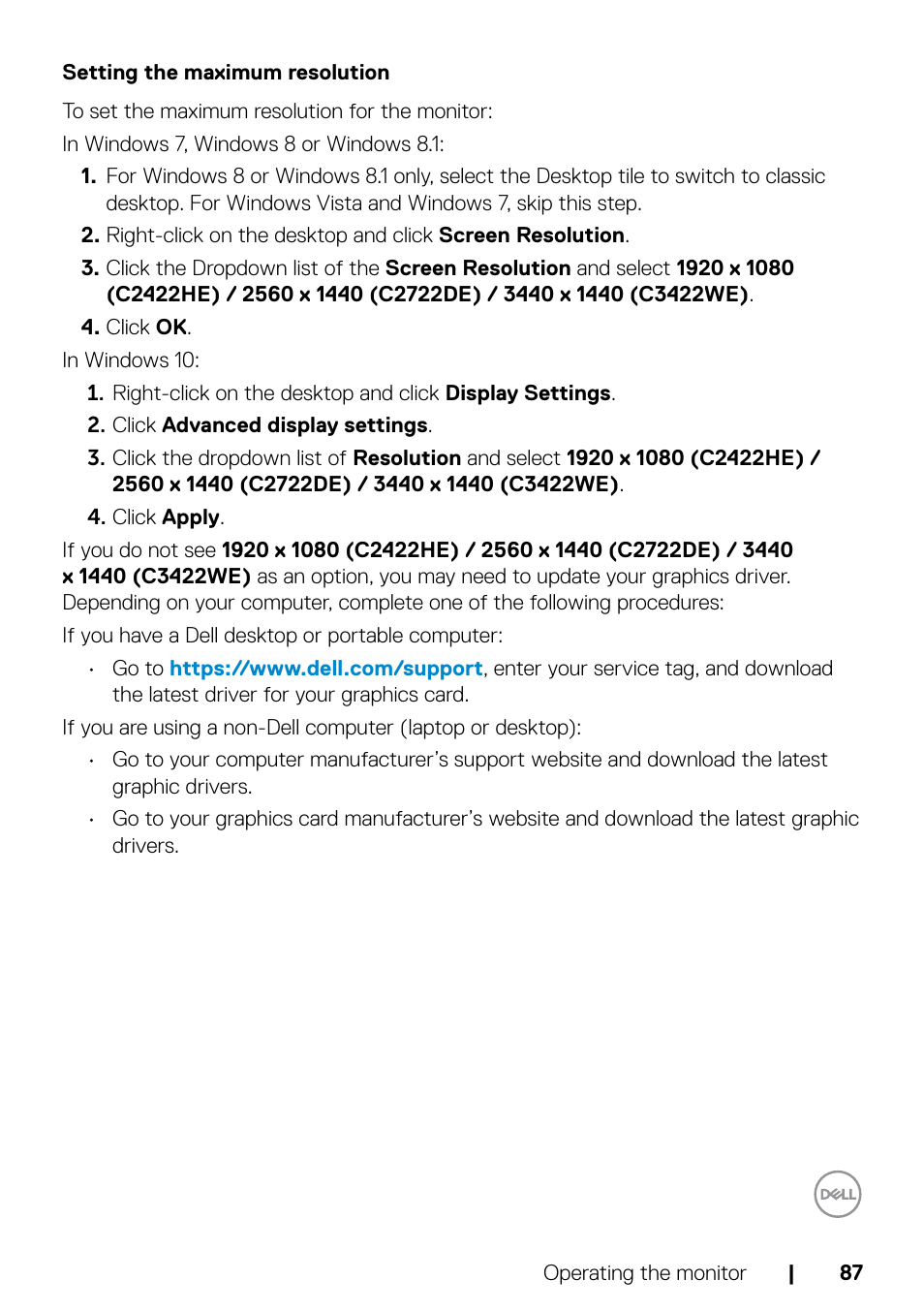 Setting the maximum resolution | Dell C2722DE 27" 16:9 IPS Video Conferencing Monitor User Manual | Page 87 / 114