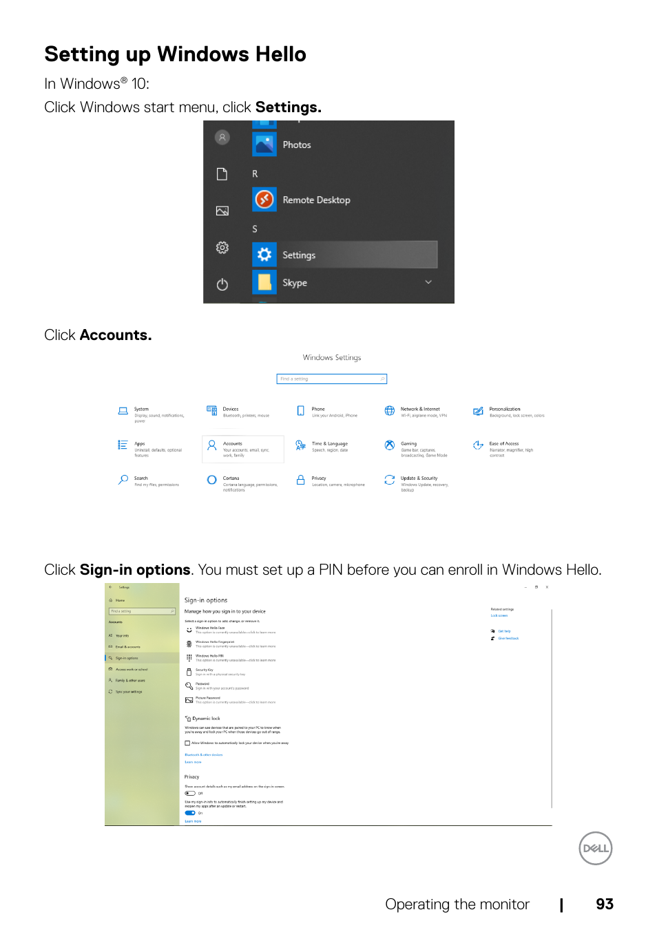Setting up windows hello | Dell C2722DE 27" 16:9 IPS Video Conferencing Monitor User Manual | Page 93 / 114