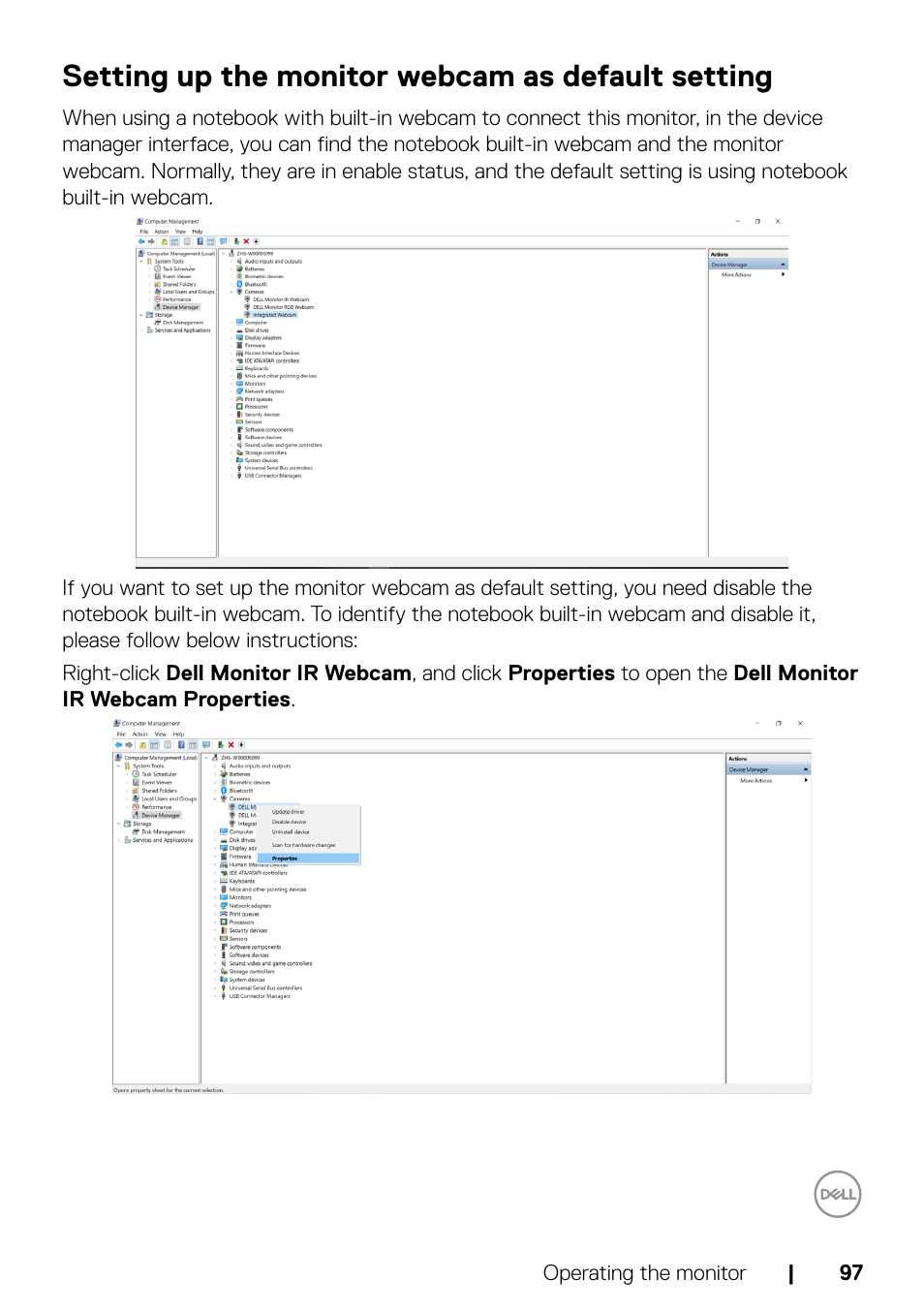 Setting up the monitor webcam as default setting | Dell C2722DE 27" 16:9 IPS Video Conferencing Monitor User Manual | Page 97 / 114
