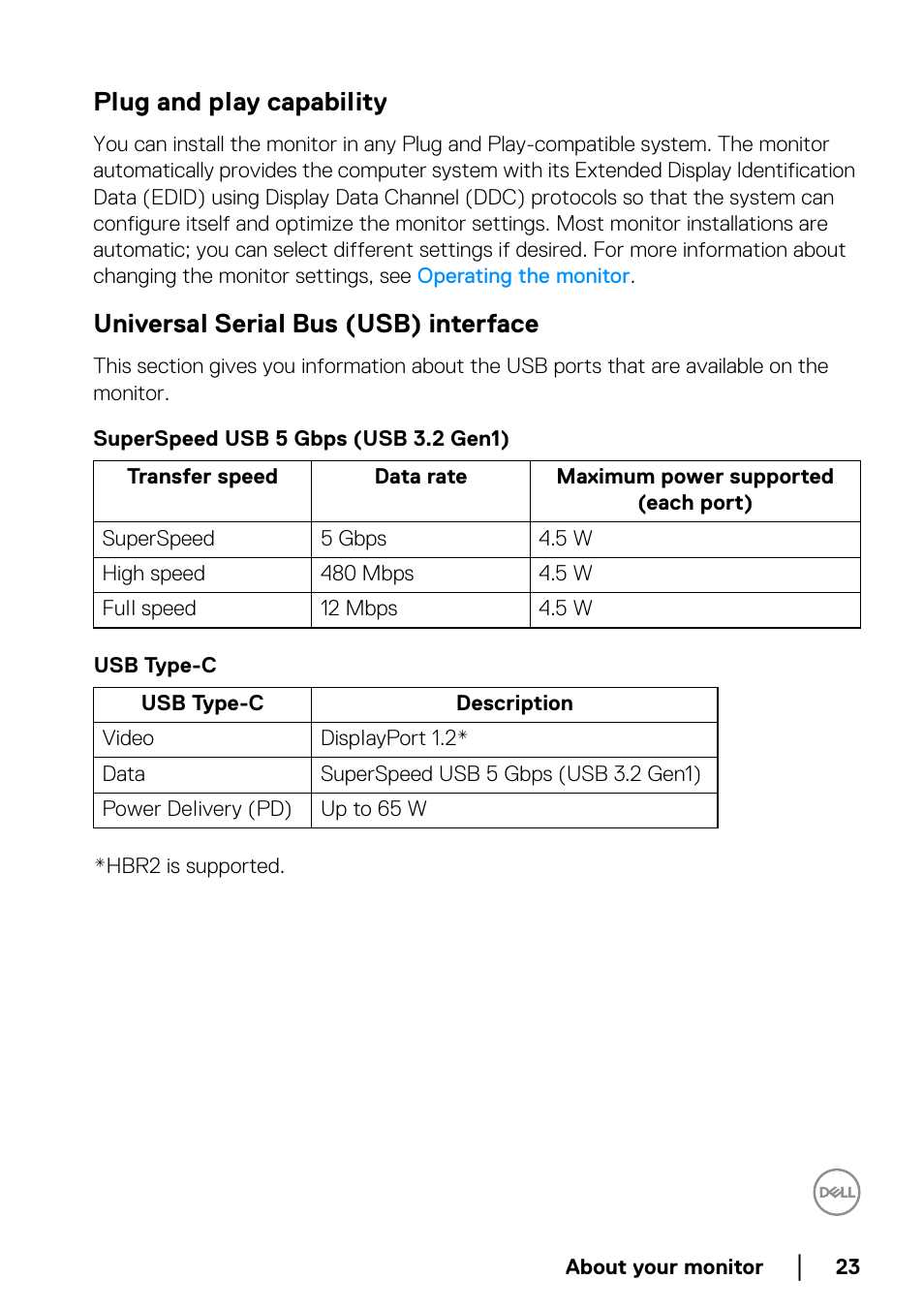 Plug and play capability, Universal serial bus (usb) interface, Superspeed usb 5 gbps (usb 3.2 gen1) | Usb type-c | Dell P2722HE 27" 16:9 USB Type-C IPS Monitor User Manual | Page 23 / 81