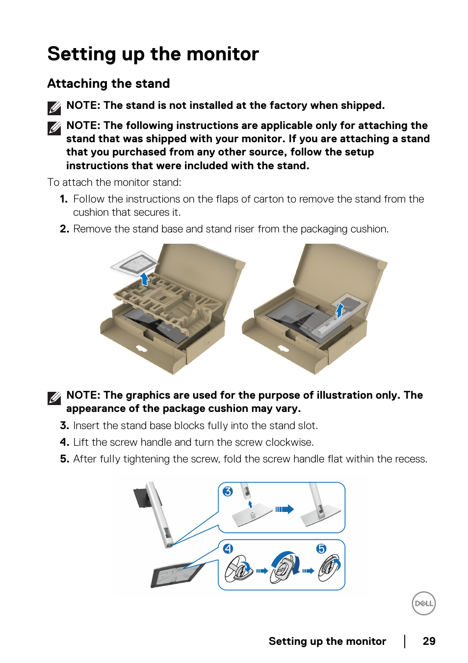 Setting up the monitor, Attaching the stand | Dell P2722HE 27" 16:9 USB Type-C IPS Monitor User Manual | Page 29 / 81