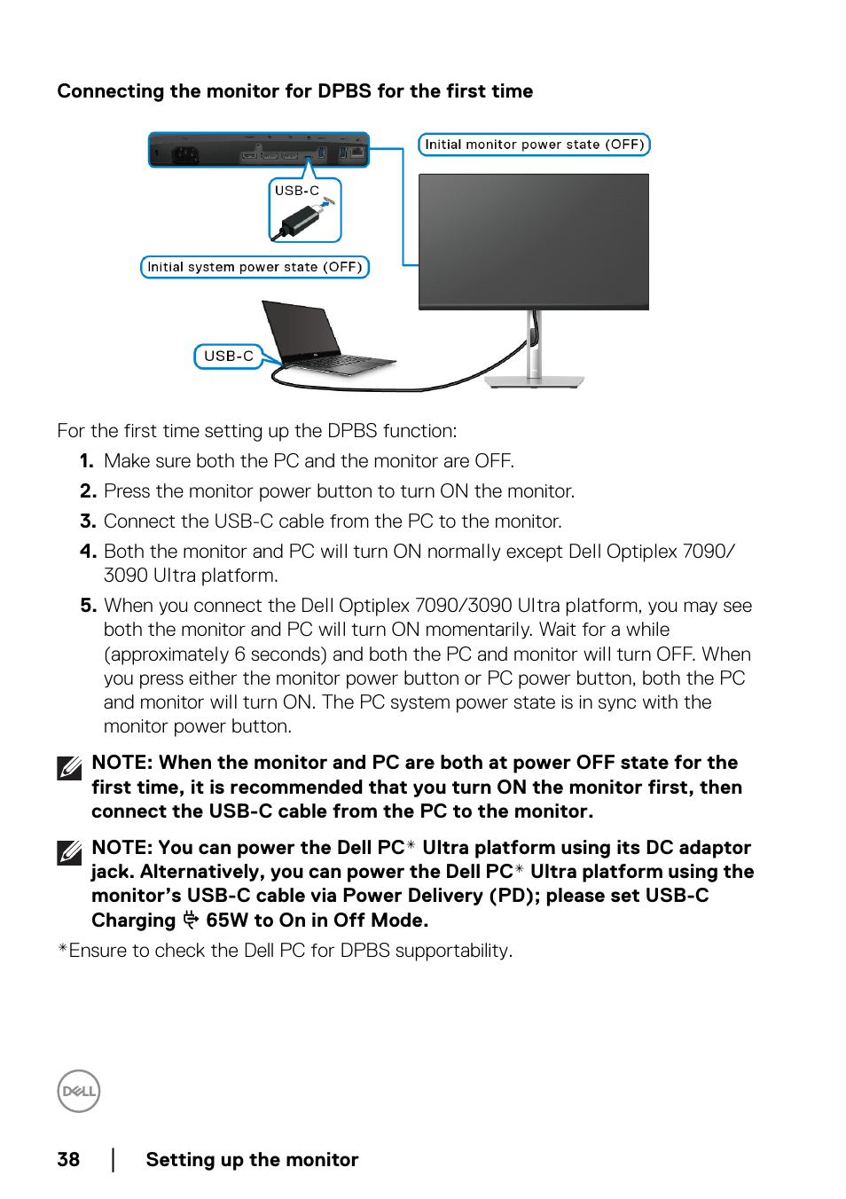 Connecting the monitor for dpbs for the first time | Dell P2722HE 27" 16:9 USB Type-C IPS Monitor User Manual | Page 38 / 81