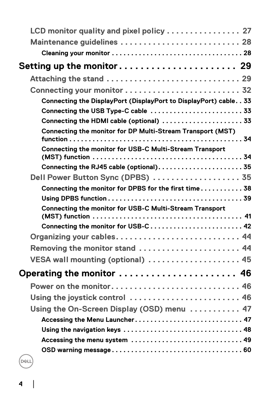 Setting up the monitor, Operating the monitor | Dell P2722HE 27" 16:9 USB Type-C IPS Monitor User Manual | Page 4 / 81