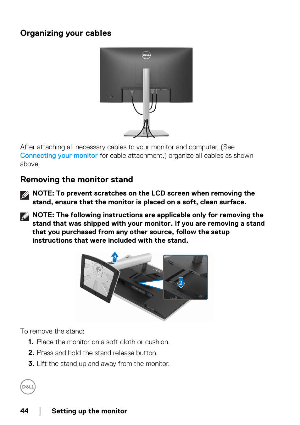 Organizing your cables, Removing the monitor stand | Dell P2722HE 27" 16:9 USB Type-C IPS Monitor User Manual | Page 44 / 81
