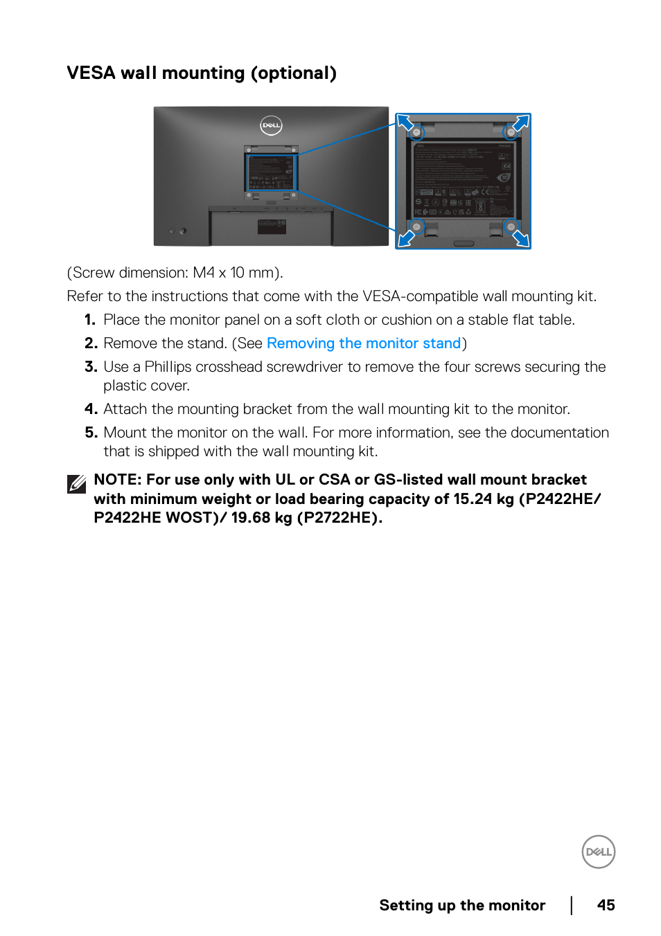 Vesa wall mounting (optional) | Dell P2722HE 27" 16:9 USB Type-C IPS Monitor User Manual | Page 45 / 81
