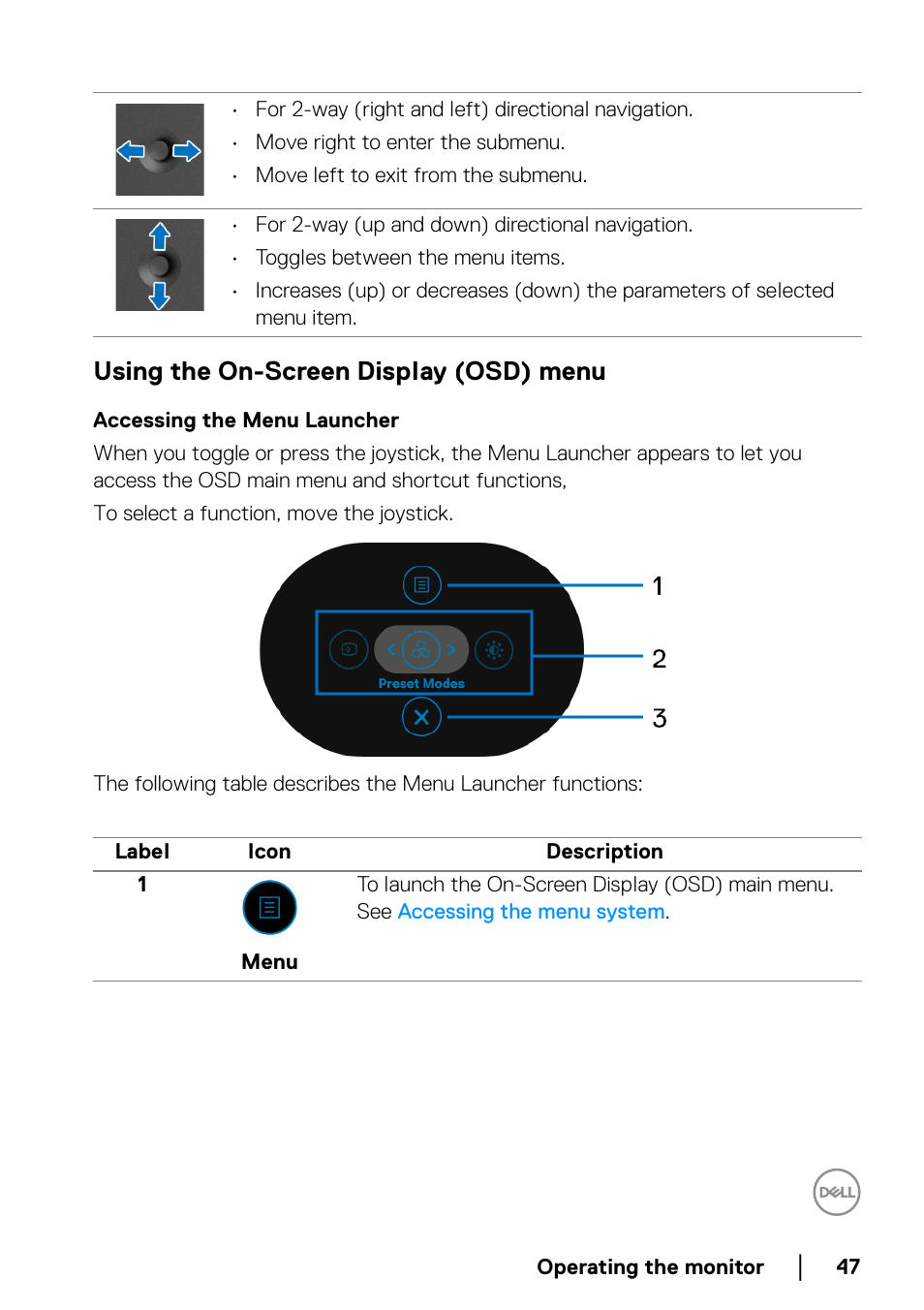 Using the on-screen display (osd) menu, Accessing the menu launcher | Dell P2722HE 27" 16:9 USB Type-C IPS Monitor User Manual | Page 47 / 81