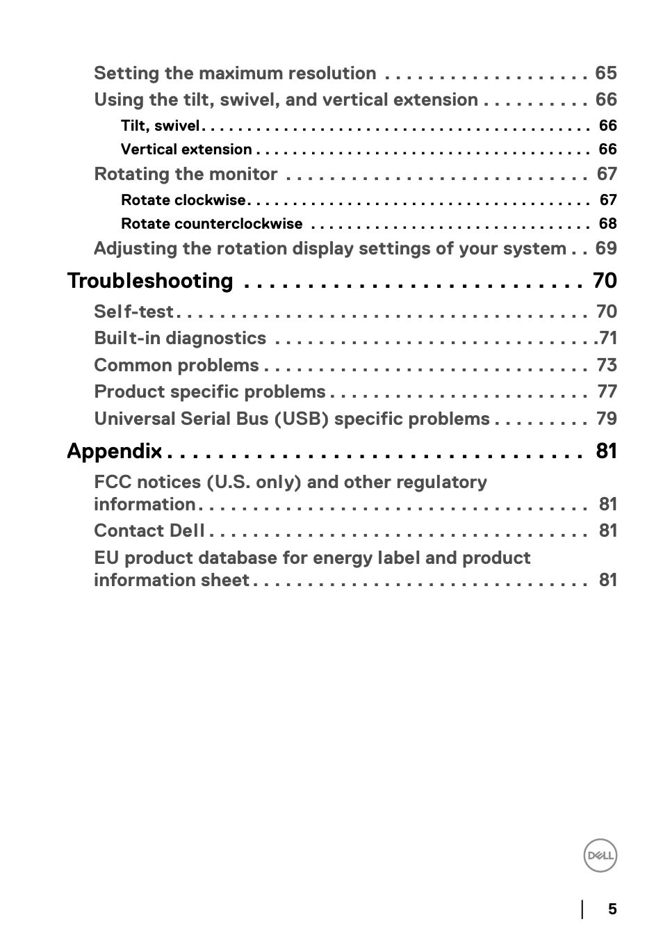 Troubleshooting, Appendix | Dell P2722HE 27" 16:9 USB Type-C IPS Monitor User Manual | Page 5 / 81