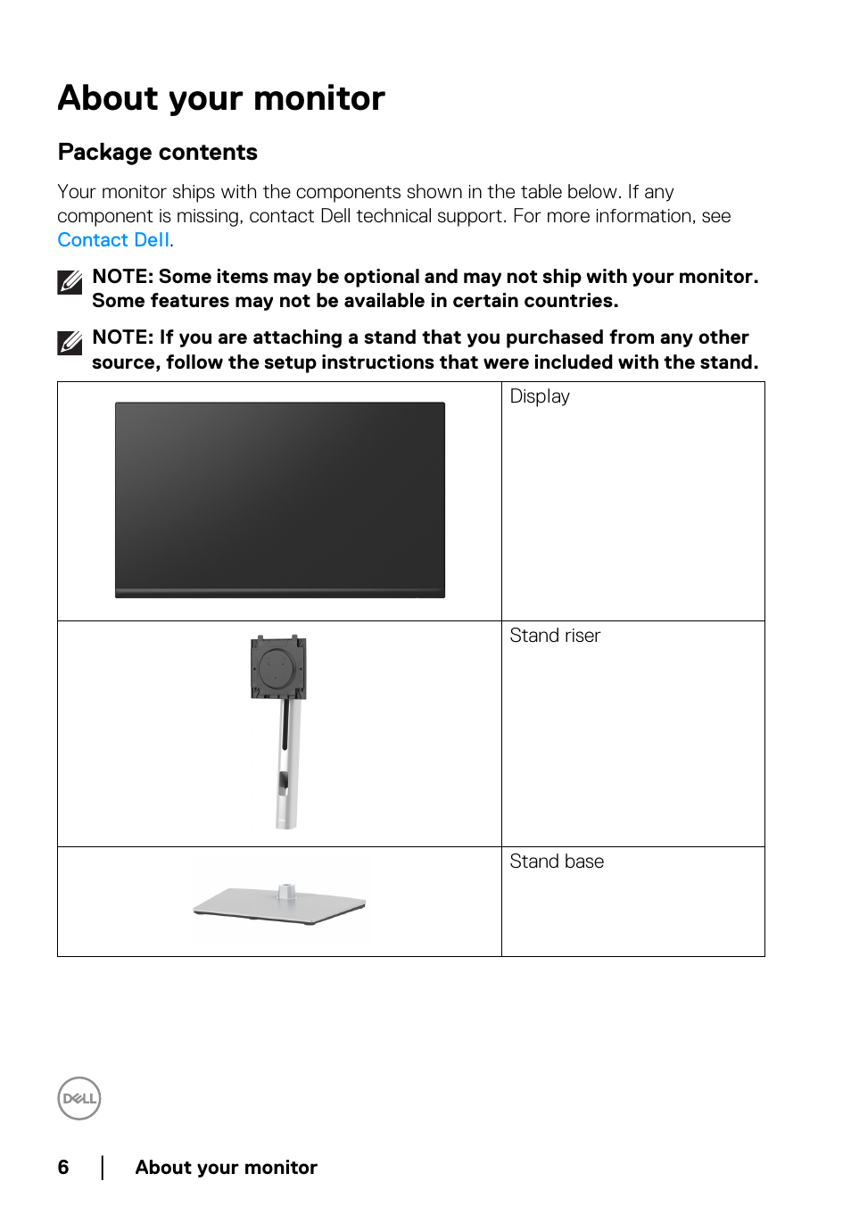 About your monitor, Package contents | Dell P2722HE 27" 16:9 USB Type-C IPS Monitor User Manual | Page 6 / 81