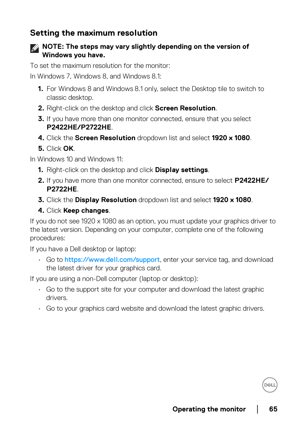 Setting the maximum resolution | Dell P2722HE 27" 16:9 USB Type-C IPS Monitor User Manual | Page 65 / 81