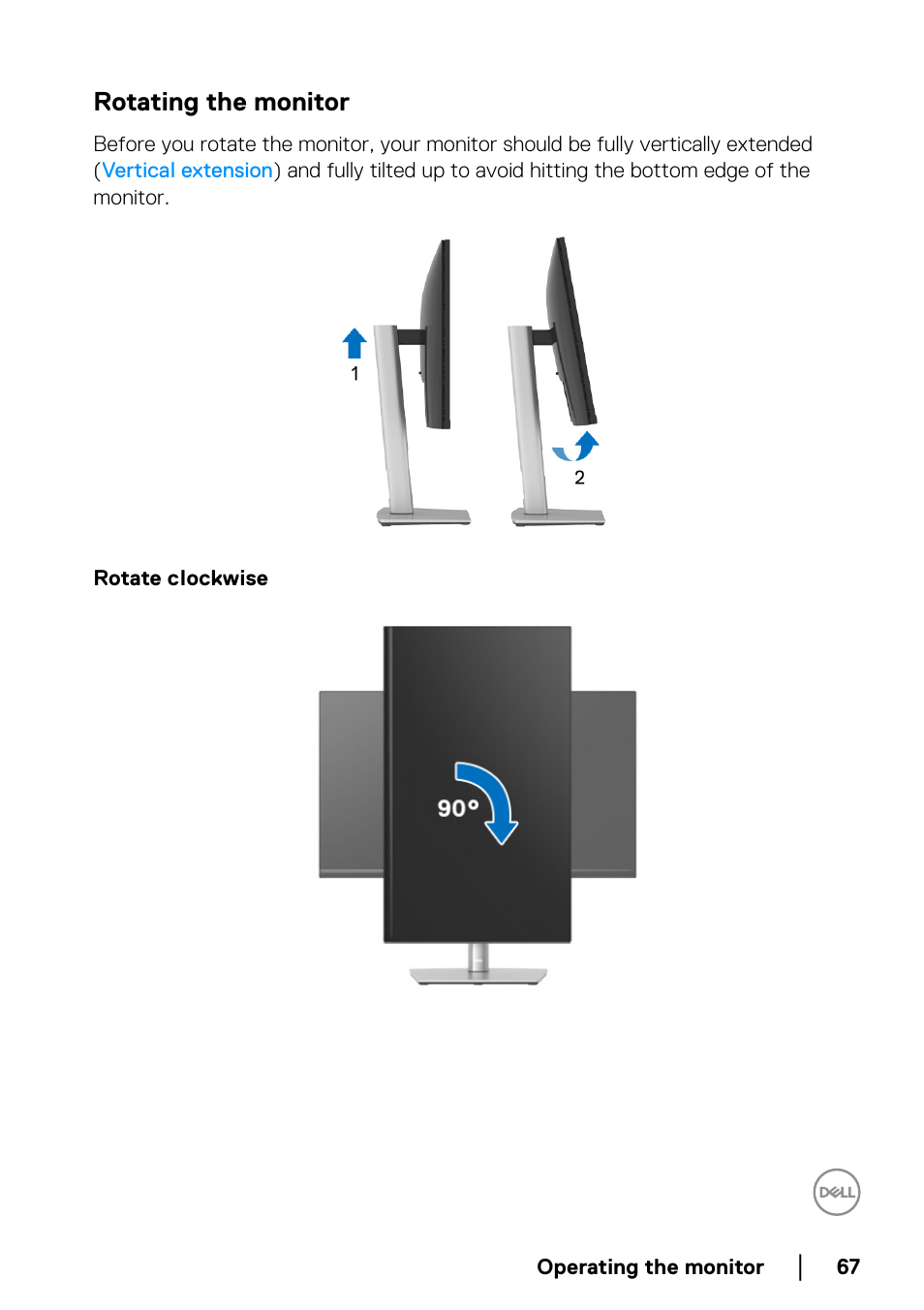 Rotating the monitor, Rotate clockwise | Dell P2722HE 27" 16:9 USB Type-C IPS Monitor User Manual | Page 67 / 81
