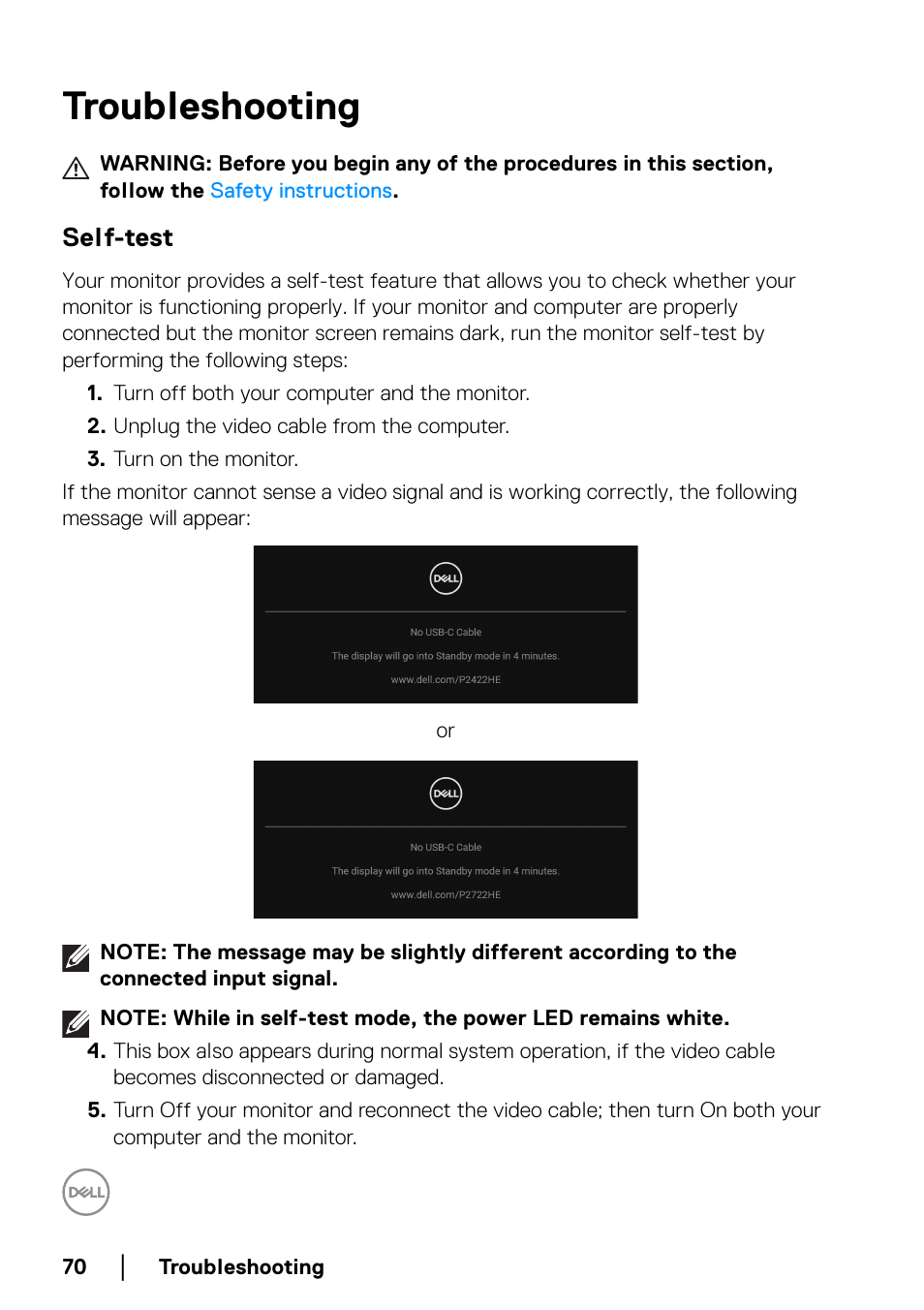 Troubleshooting, Self-test | Dell P2722HE 27" 16:9 USB Type-C IPS Monitor User Manual | Page 70 / 81