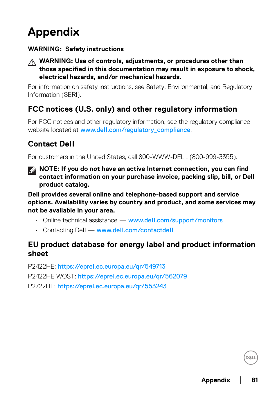 Appendix, Contact dell, Fcc notices (u.s. only) and other regulatory | Information | Dell P2722HE 27" 16:9 USB Type-C IPS Monitor User Manual | Page 81 / 81