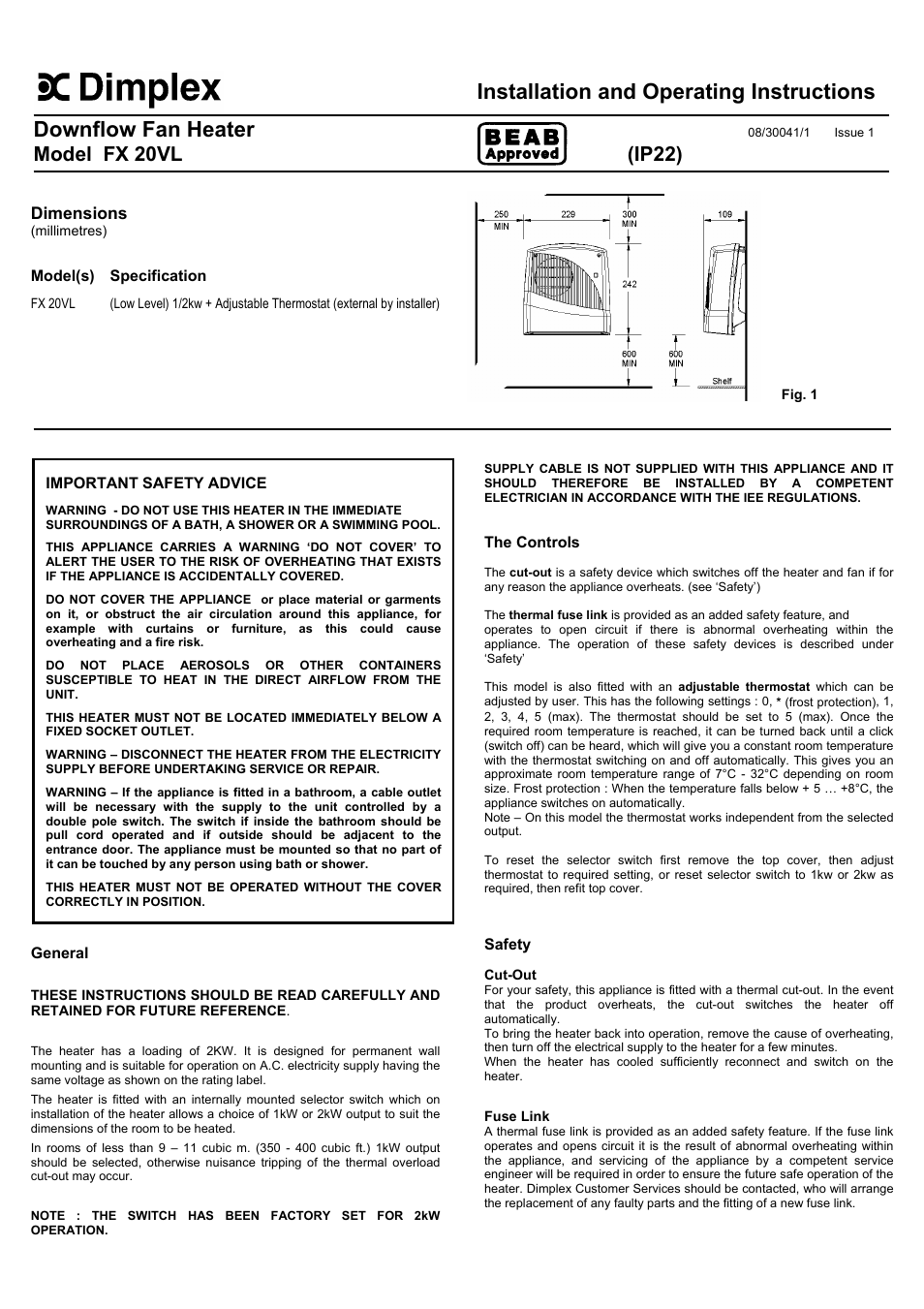 Dimplex FX 20VL User Manual | 2 pages