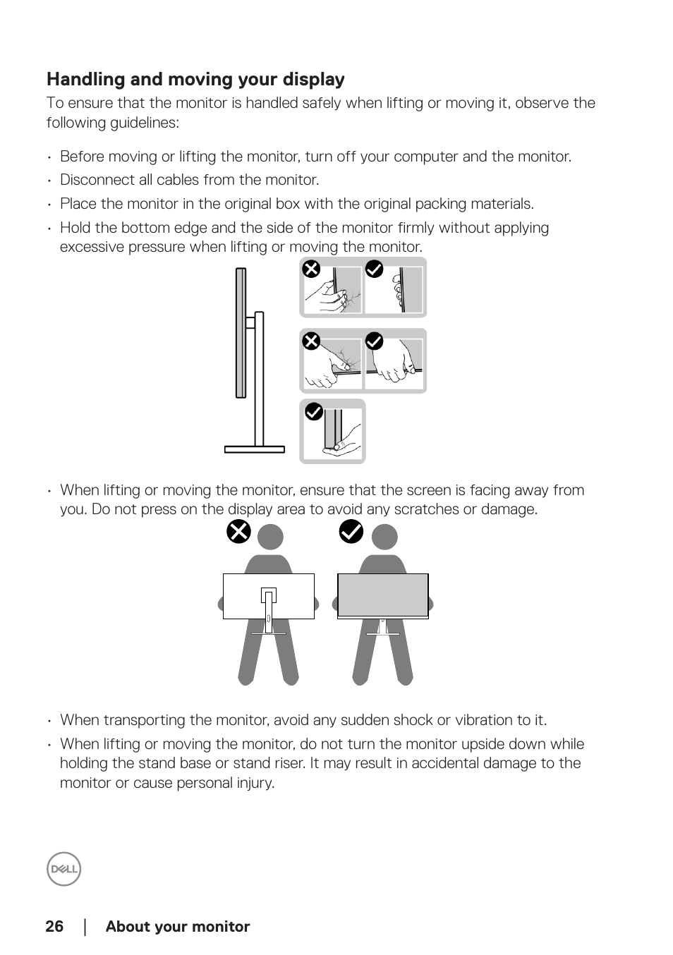 Handling and moving your display | Dell P2723D 27" 1440p Monitor User Manual | Page 26 / 73