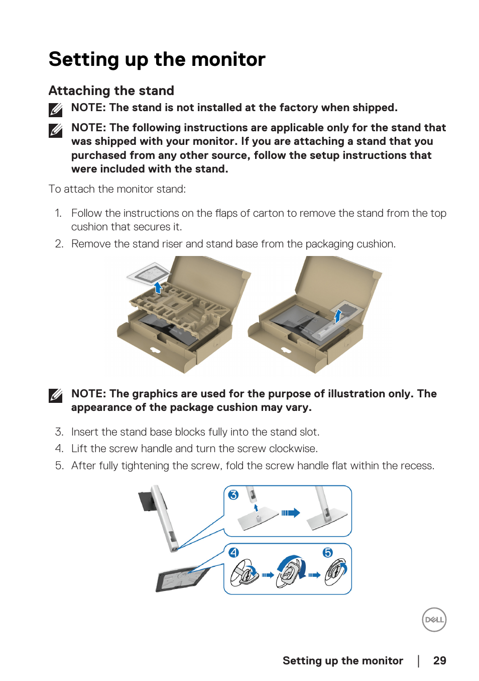 Setting up the monitor, Attaching the stand | Dell P2723D 27" 1440p Monitor User Manual | Page 29 / 73