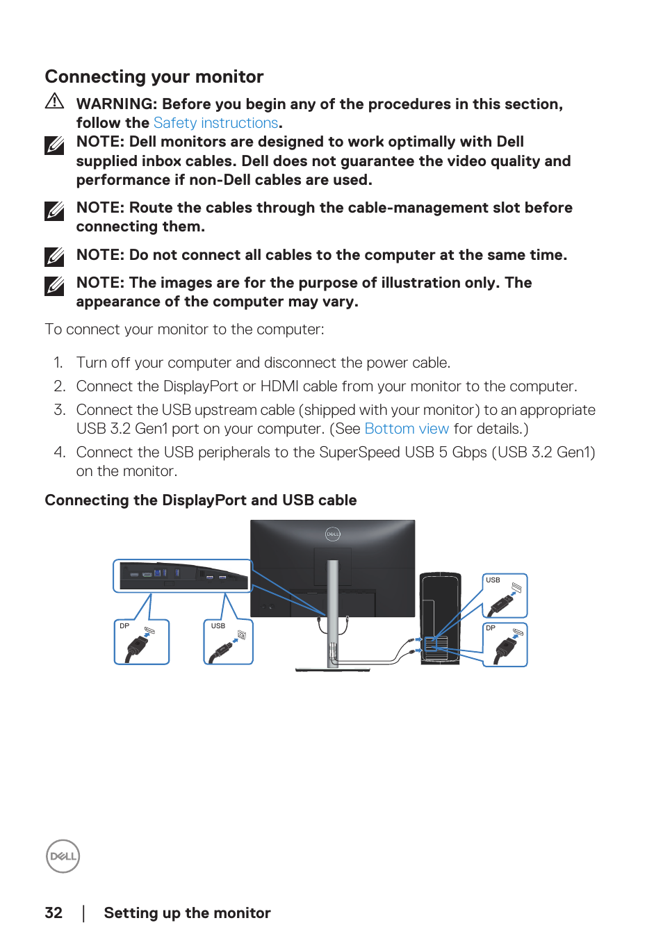 Connecting your monitor, Connecting the displayport and usb cable | Dell P2723D 27" 1440p Monitor User Manual | Page 32 / 73