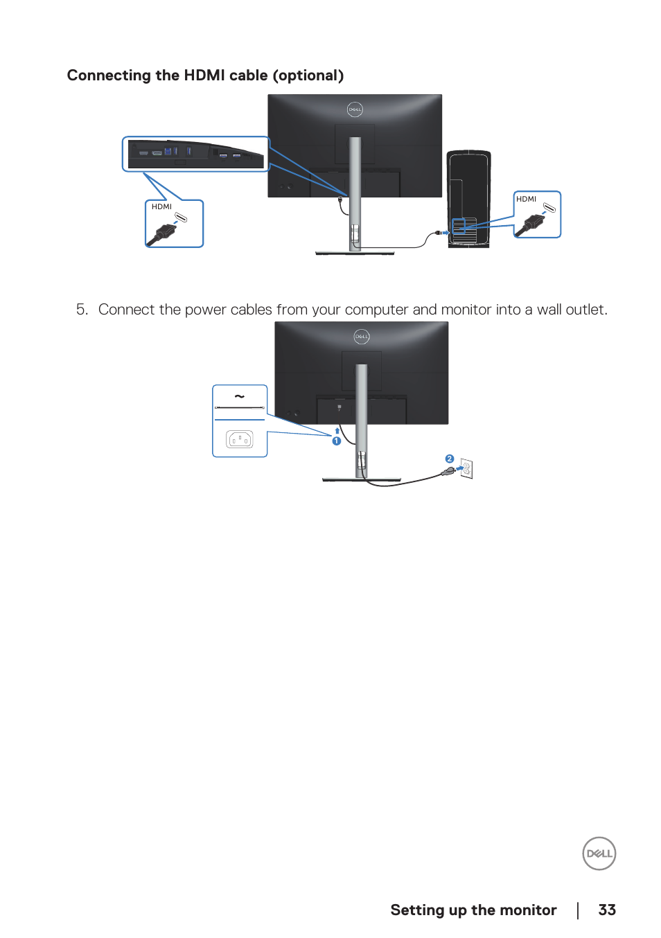 Connecting the hdmi cable (optional), Setting up the monitor, 33 connecting the hdmi cable (optional) | Dell P2723D 27" 1440p Monitor User Manual | Page 33 / 73