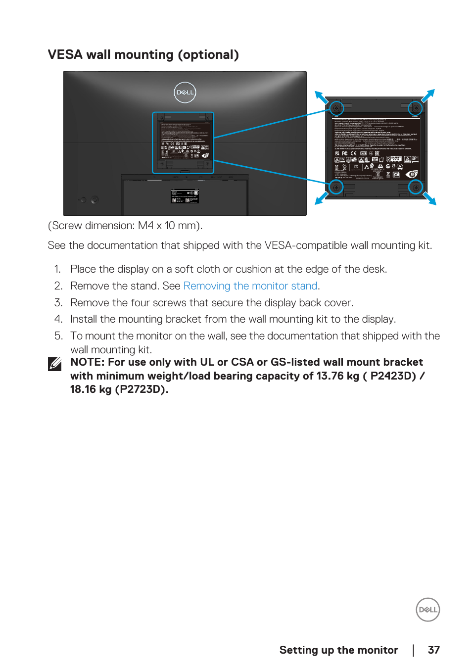 Vesa wall mounting (optional), Setting up the monitor | Dell P2723D 27" 1440p Monitor User Manual | Page 37 / 73