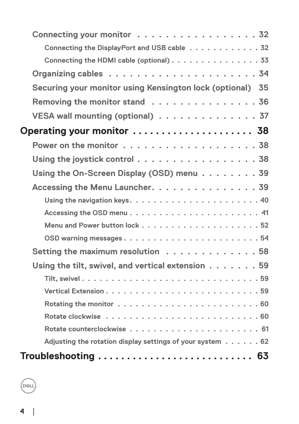 Operating your monitor, Troubleshooting | Dell P2723D 27" 1440p Monitor User Manual | Page 4 / 73