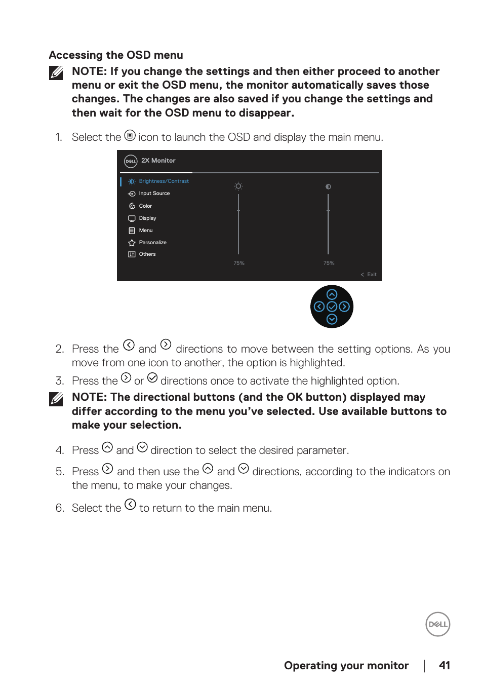 Accessing the osd menu, Operating your monitor | Dell P2723D 27" 1440p Monitor User Manual | Page 41 / 73