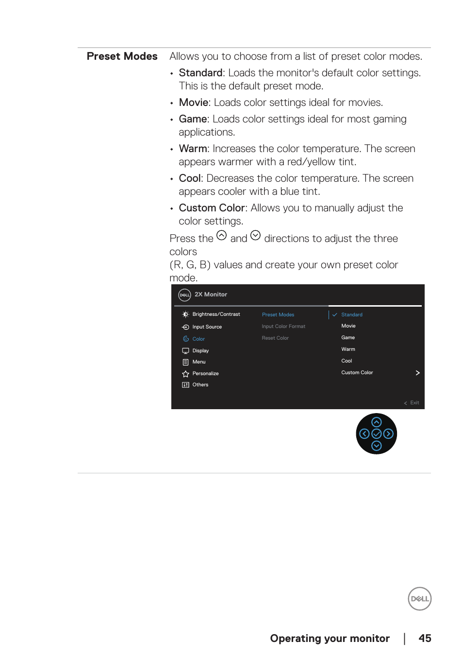 Operating your monitor | Dell P2723D 27" 1440p Monitor User Manual | Page 45 / 73