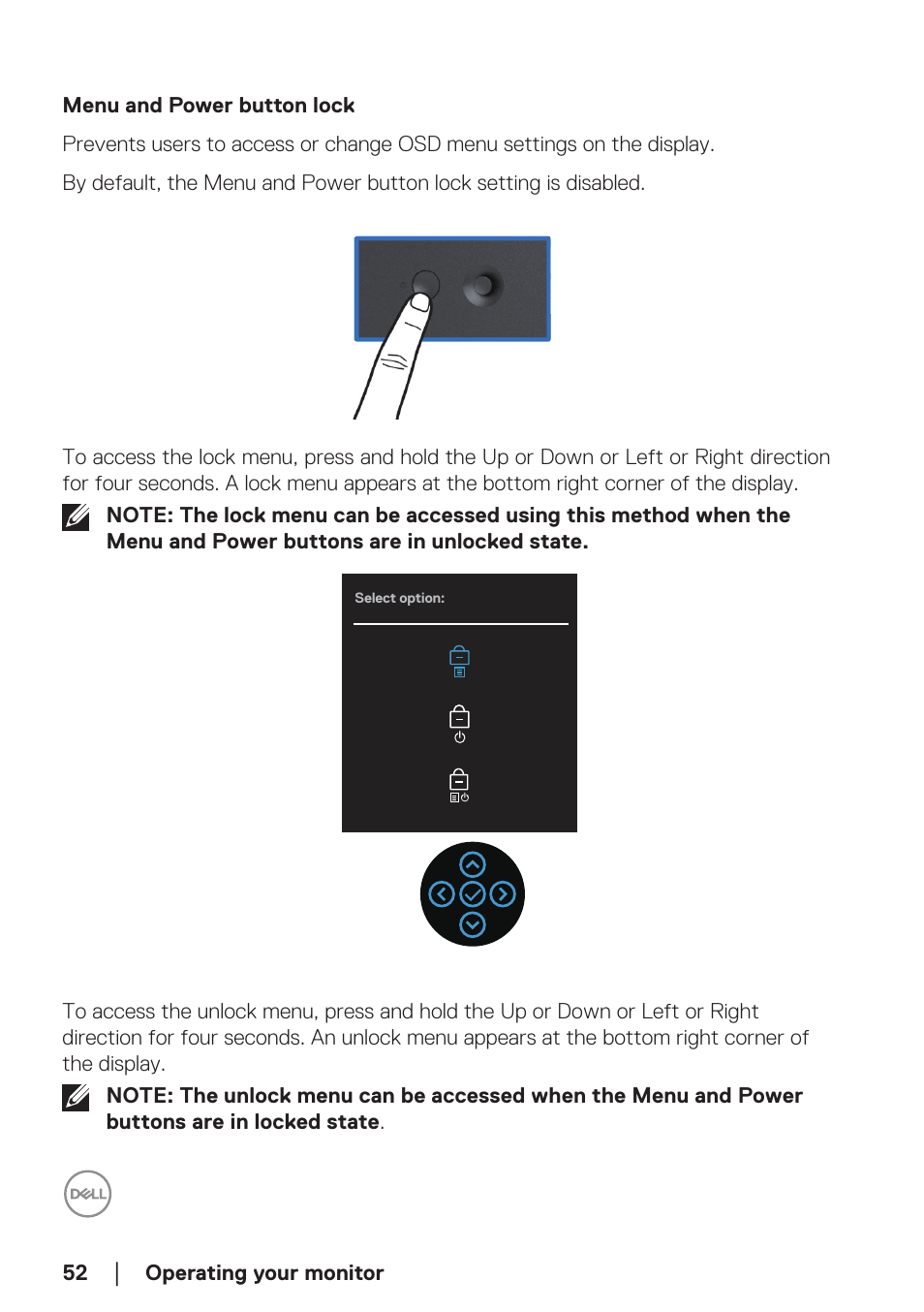 Menu and power button lock | Dell P2723D 27" 1440p Monitor User Manual | Page 52 / 73