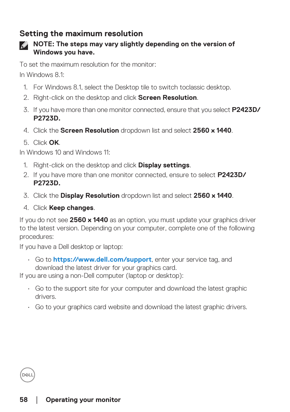 Setting the maximum resolution | Dell P2723D 27" 1440p Monitor User Manual | Page 58 / 73