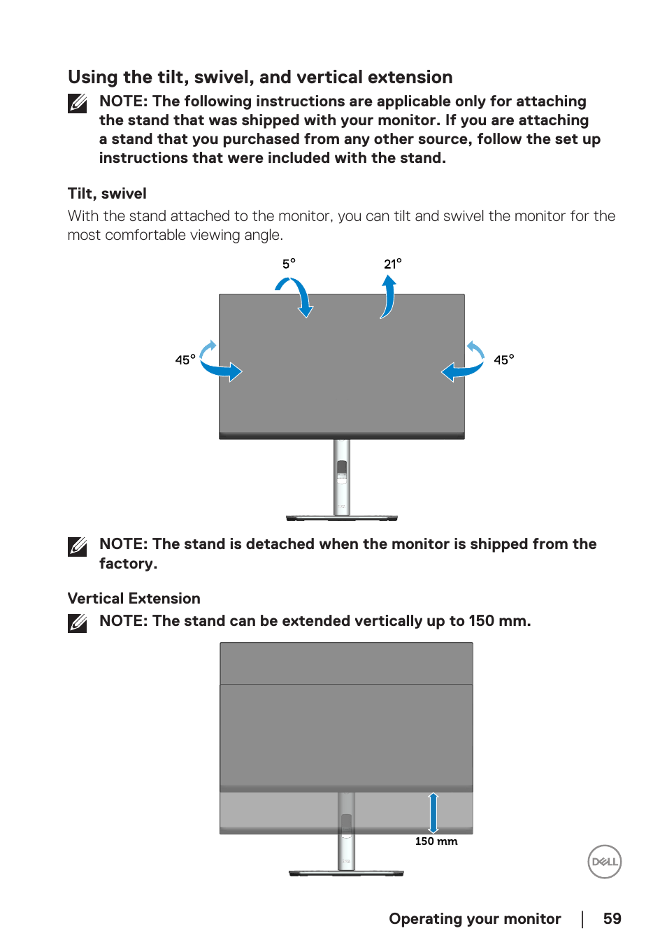 Using the tilt, swivel, and vertical extension, Tilt, swivel, Vertical extension | Dell P2723D 27" 1440p Monitor User Manual | Page 59 / 73