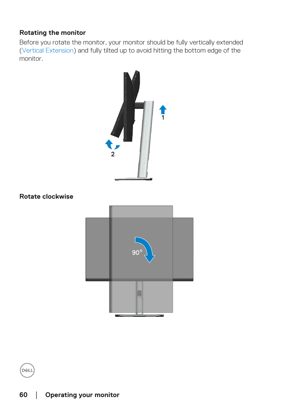 Rotating the monitor, Rotate clockwise | Dell P2723D 27" 1440p Monitor User Manual | Page 60 / 73