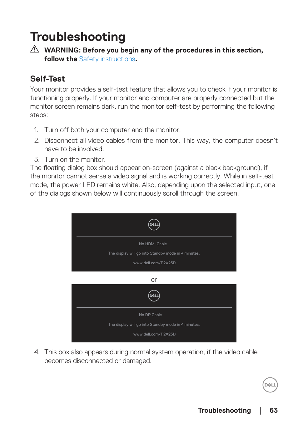 Troubleshooting, Self-test | Dell P2723D 27" 1440p Monitor User Manual | Page 63 / 73