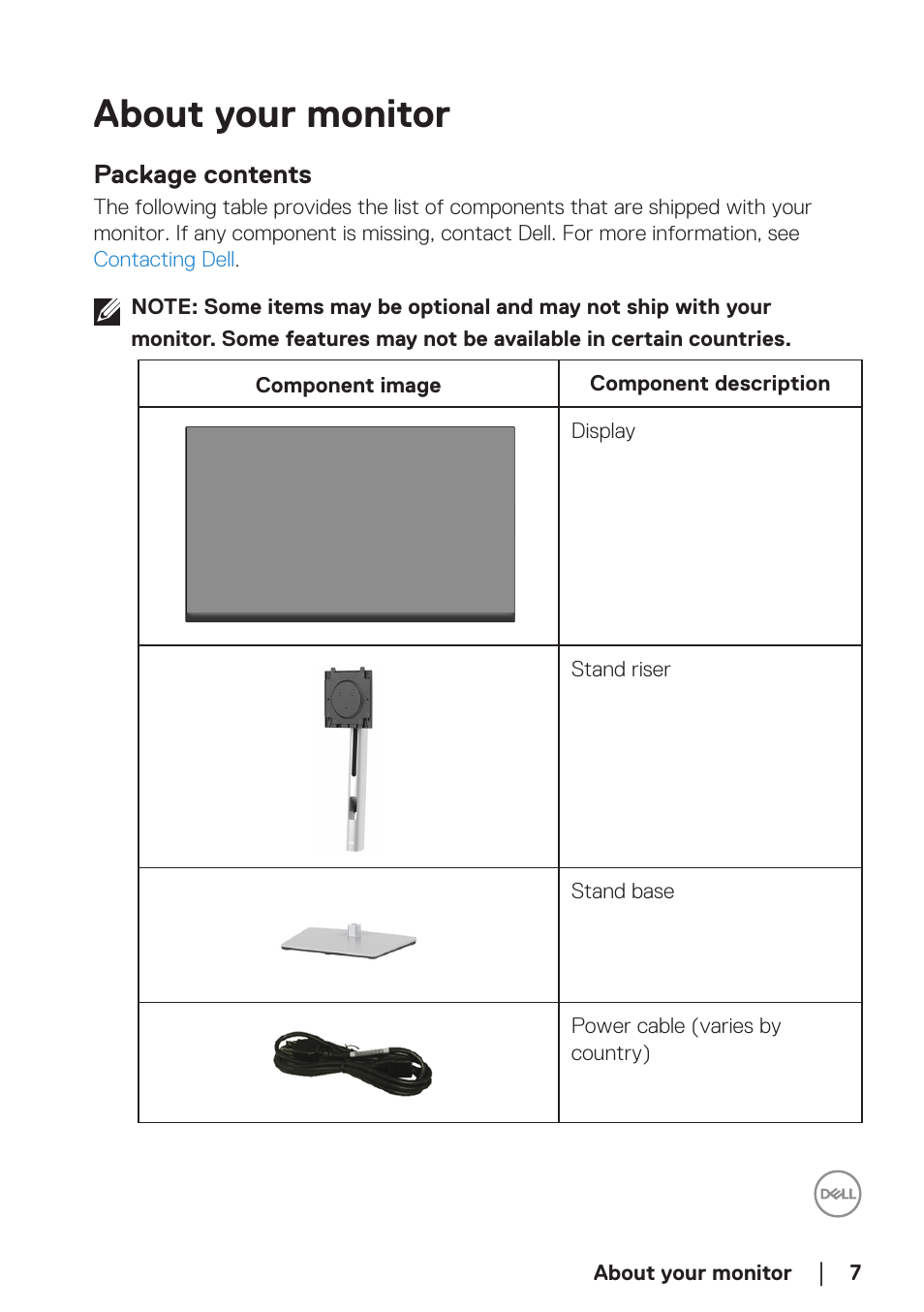 About your monitor, Package contents | Dell P2723D 27" 1440p Monitor User Manual | Page 7 / 73