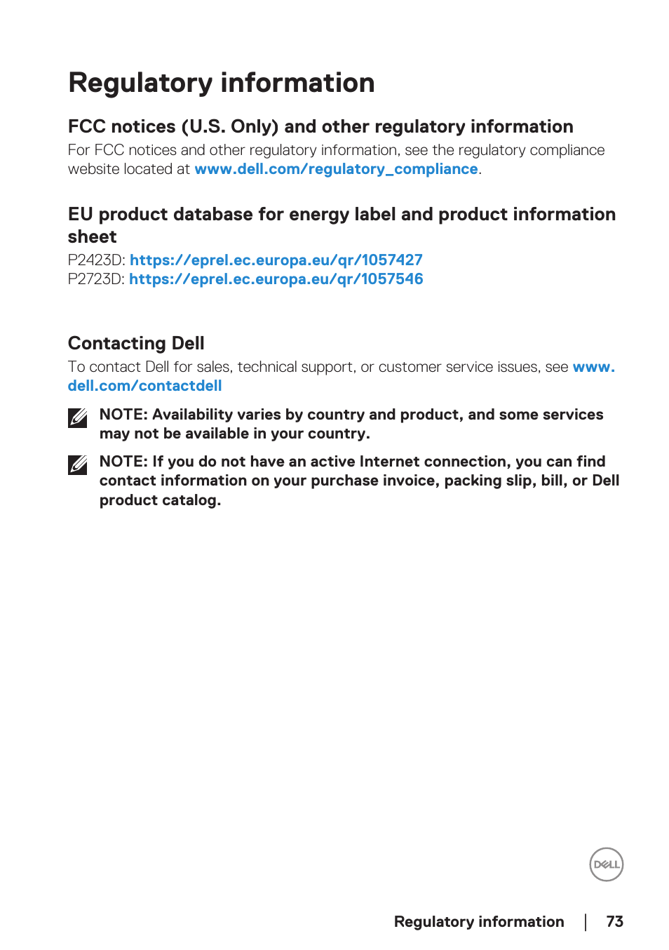 Regulatory information, Contacting dell | Dell P2723D 27" 1440p Monitor User Manual | Page 73 / 73